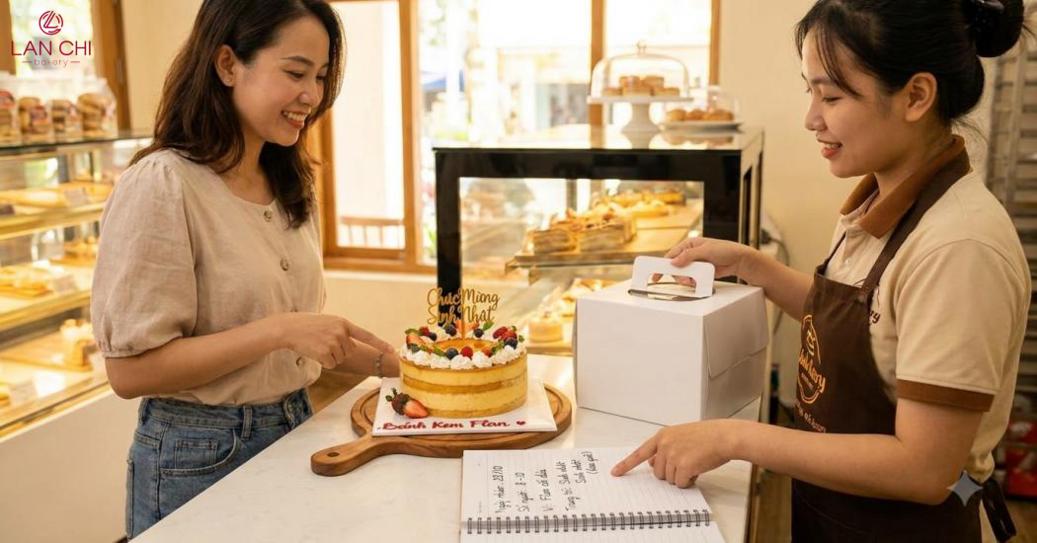 Thời gian nhận bánh cần được xác nhận rõ ngày, giờ và địa điểm để tiệm chủ động chuẩn bị đúng kế hoạch
