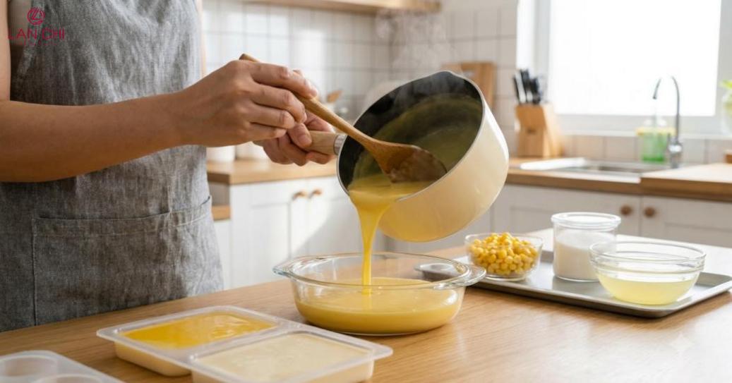 Các bước nấu và đổ rau câu bắp để thành phẩm đông đều