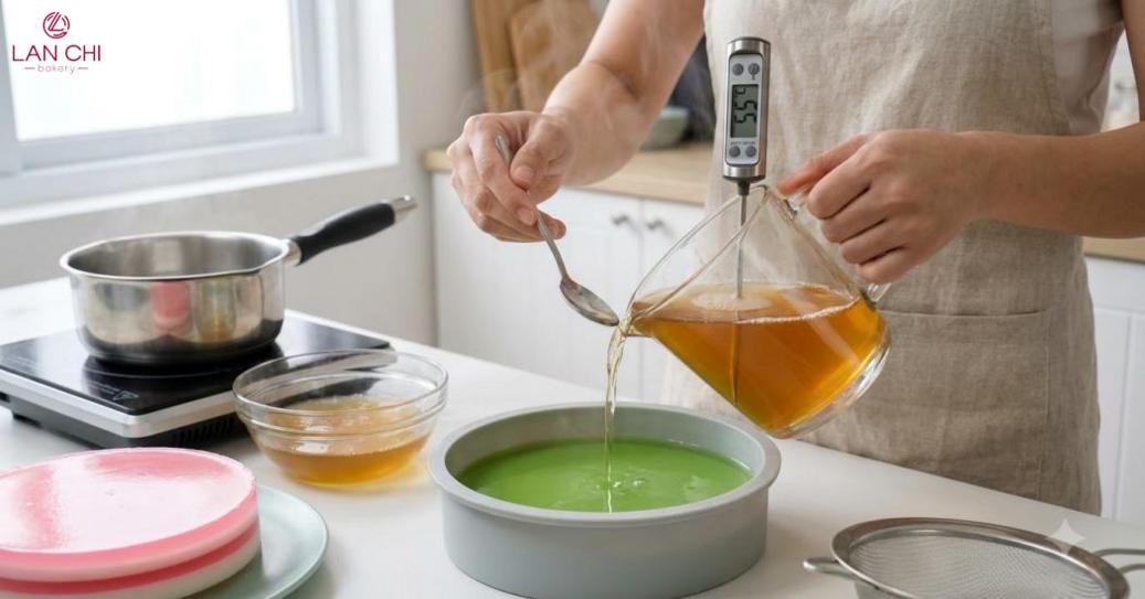 Đổ từng lớp rau câu đúng thời điểm giúp bánh nhiều tầng rõ nét và không bị hòa lớp Đổ từng lớp rau câu đúng thời điểm giúp bánh nhiều tầng rõ nét và không bị hòa lớp