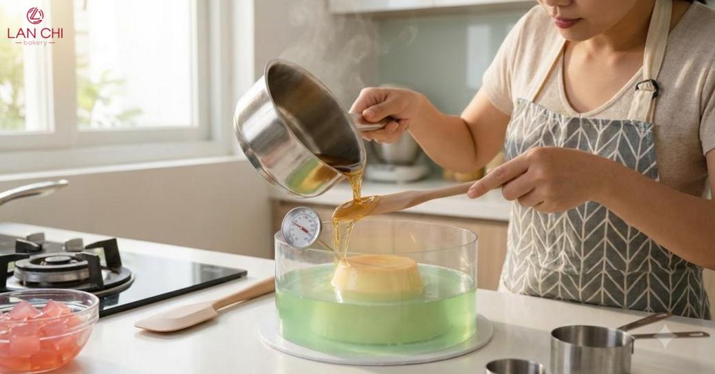 Giữ hỗn hợp rau câu ở nhiệt độ phù hợp giúp hạn chế vón cục và giữ lớp bánh đẹp Giữ hỗn hợp rau câu ở nhiệt độ phù hợp giúp hạn chế vón cục và giữ lớp bánh đẹp