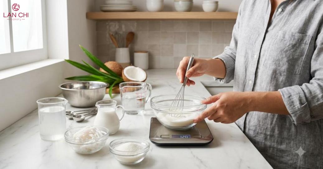 Cách làm rau câu dừa sợi, chuẩn bị đúng tỷ lệ, nước dừa tươi và dừa sợi.