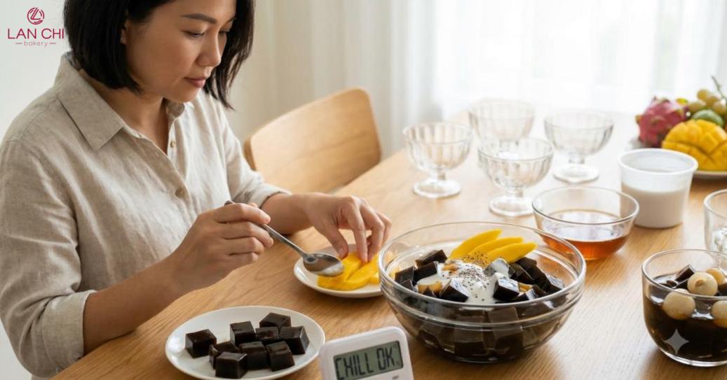 Gợi ý thưởng thức sương sáo tươi cùng topping tự nhiên, hài hòa.