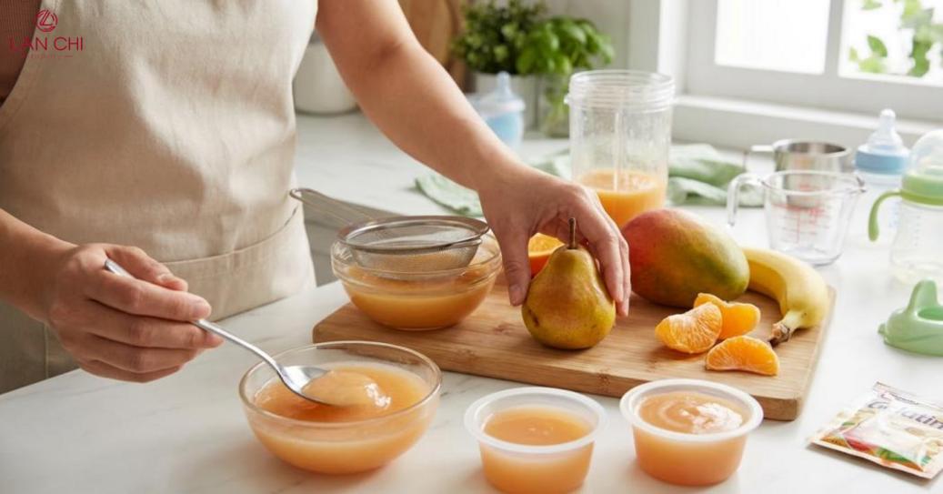 Cách làm thạch hoa quả cho bé, ưu tiên trái cây chín mềm, xay mịn, thạch mềm dễ ăn.