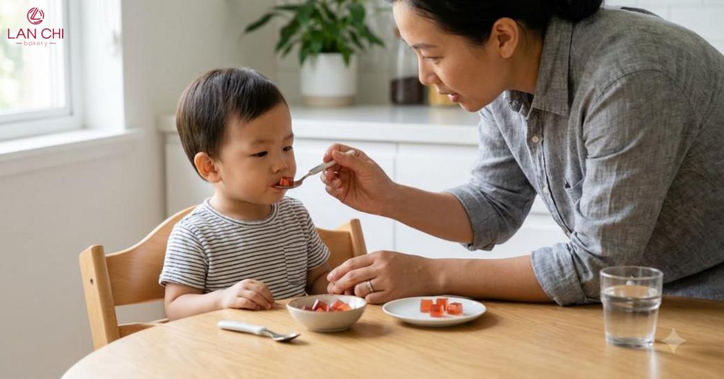 Cho bé ăn thạch mềm, nhỏ, đúng độ tuổi và luôn giám sát.