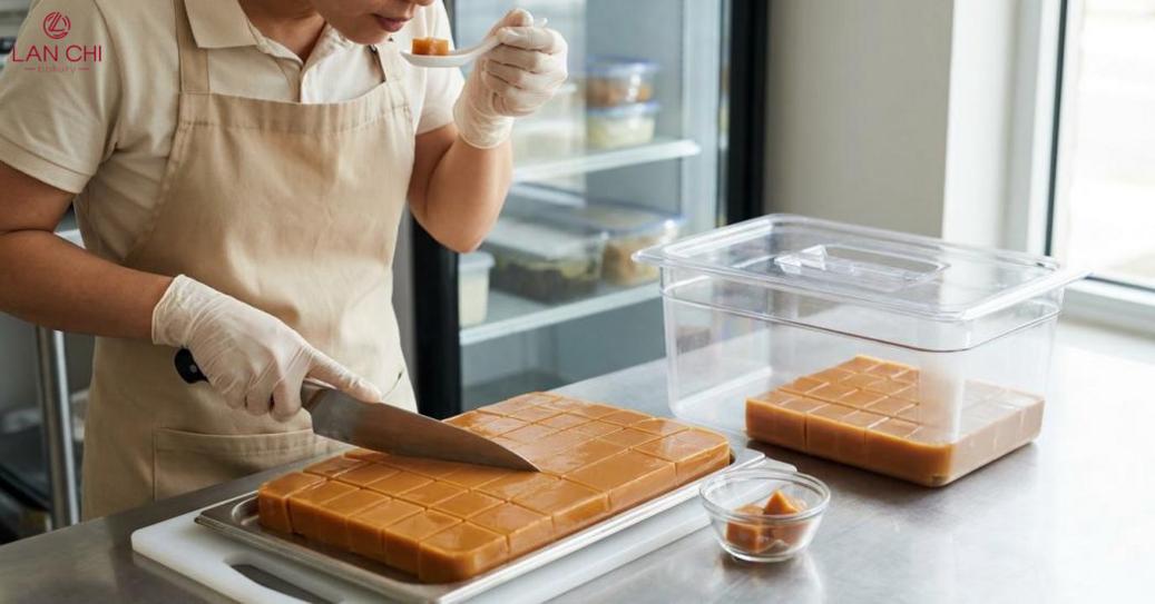 Cắt khi thạch đông, bảo quản kín, dùng topping trước khi phục vụ