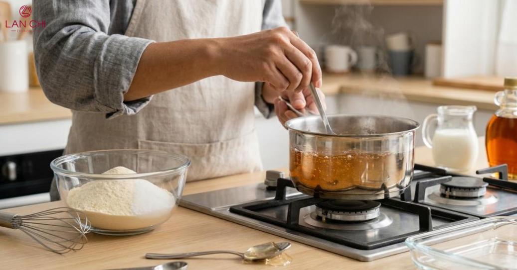 Hòa bột, đun kỹ, thêm hương vị, rót khuôn, làm lạnh
