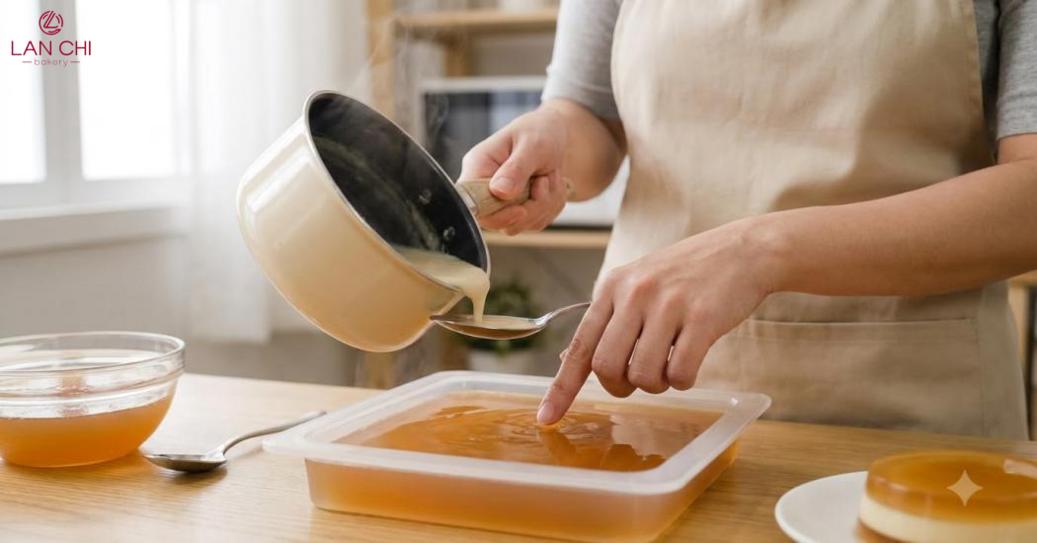 Đổ từng lớp đúng thời điểm, giữ ấm để rau câu bám chắc.