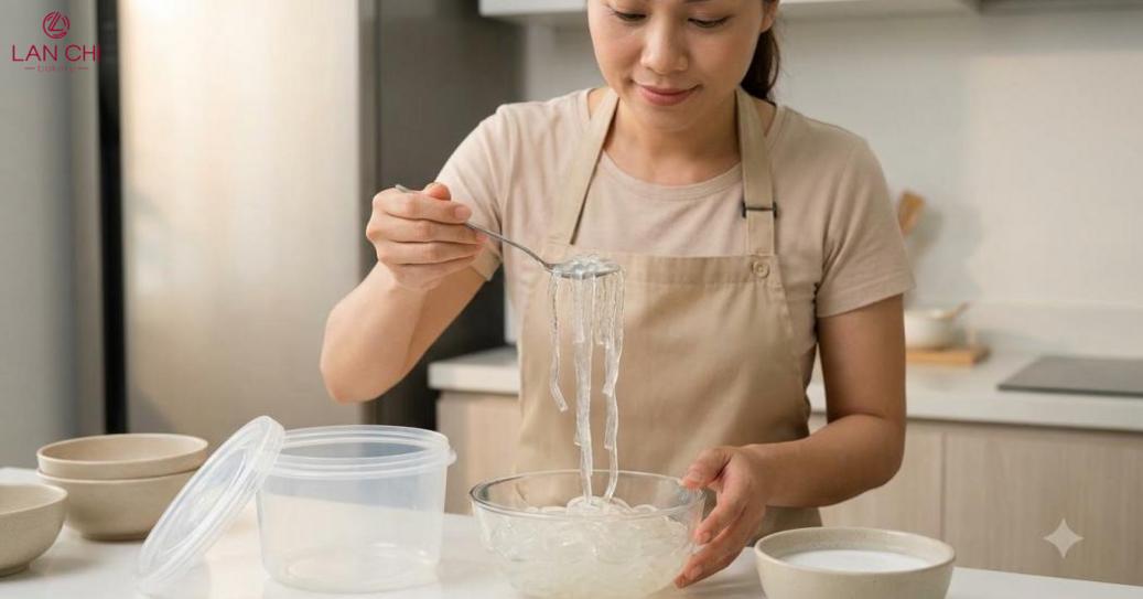 Sợi trong, giòn vừa, không bở; bảo quản sạch, dùng sớm.