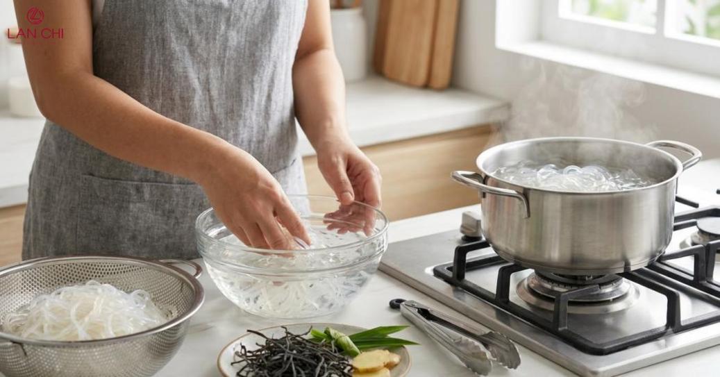 Ngâm vừa mềm, rửa sạch, nấu lửa vừa để sợi giòn.