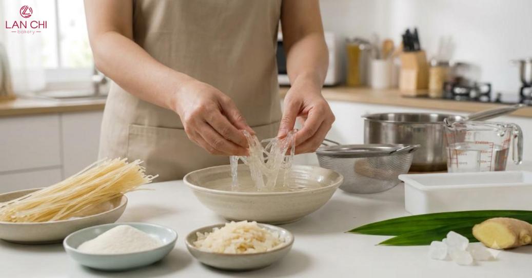 Cách nấu rau câu sợi khô, rau câu sợi khô cần khô ráo, sạch, dai nhẹ khi ngâm.