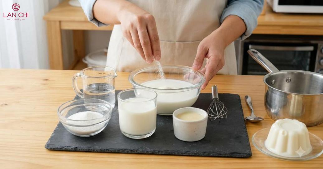 Cách nấu rau câu sữa, tỷ lệ bột và sữa cân đối giúp rau câu đông mịn, mềm béo.