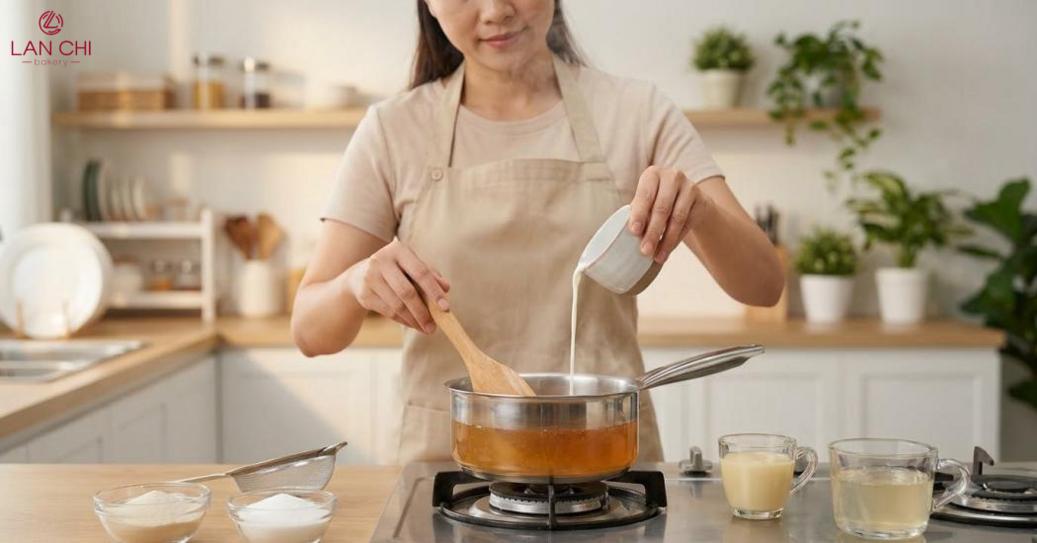 Hòa bột đều, thêm sữa đúng lúc để rau câu không tách nước.