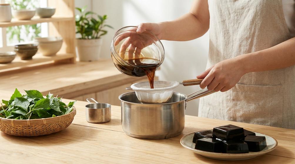 Cách nấu thạch đen từ lá mịn, đông vừa, không tách nước
