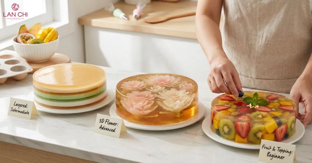 Muốn trang trí rau câu đẹp, người mới nên chọn kỹ thuật phù hợp và luyện dần từ mẫu layer, trái cây đến hoa 3D. Muốn trang trí rau câu đẹp, người mới nên chọn kỹ thuật phù hợp và luyện dần từ mẫu layer, trái cây đến hoa 3D.