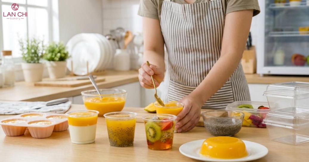 Muốn biến tấu vị thạch xoài, hãy khuấy kỹ bột rau câu và giảm bớt nước khi thêm nguyên liệu lỏng.