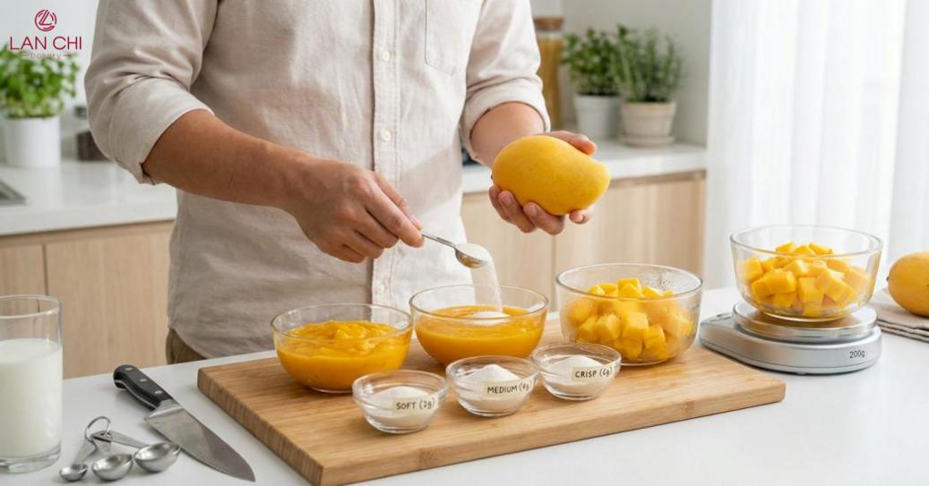 Để làm thạch xoài ngon, hãy chọn xoài chín vừa, thơm, thịt vàng và ít xơ. Dùng xoài xay nhuyễn cho lớp sữa và xoài hạt lựu chắc thịt để không bị nát.