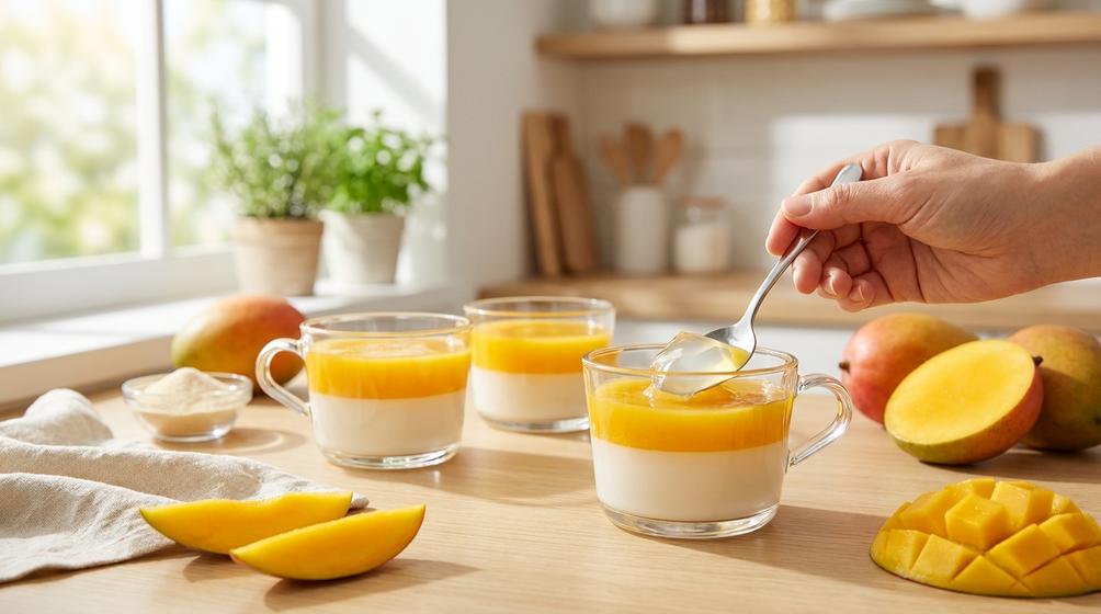 Làm thạch rau câu xoài hai lớp giòn mềm, không tách lớp