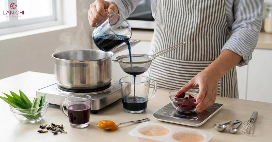 Sơ chế, lọc bã, cô đặc nguyên liệu và cân định lượng chuẩn giúp màu thạch đều, ổn định và không bị mềm.
