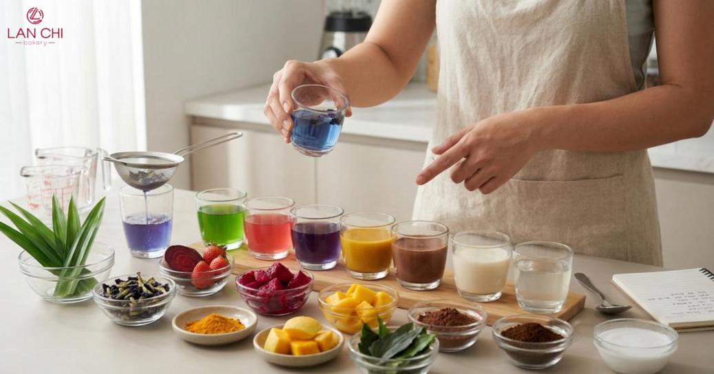 Nên chọn màu tự nhiên dựa trên độ tươi, mùi, khả năng chịu nhiệt và mức phai màu để không làm át vị rau câu.