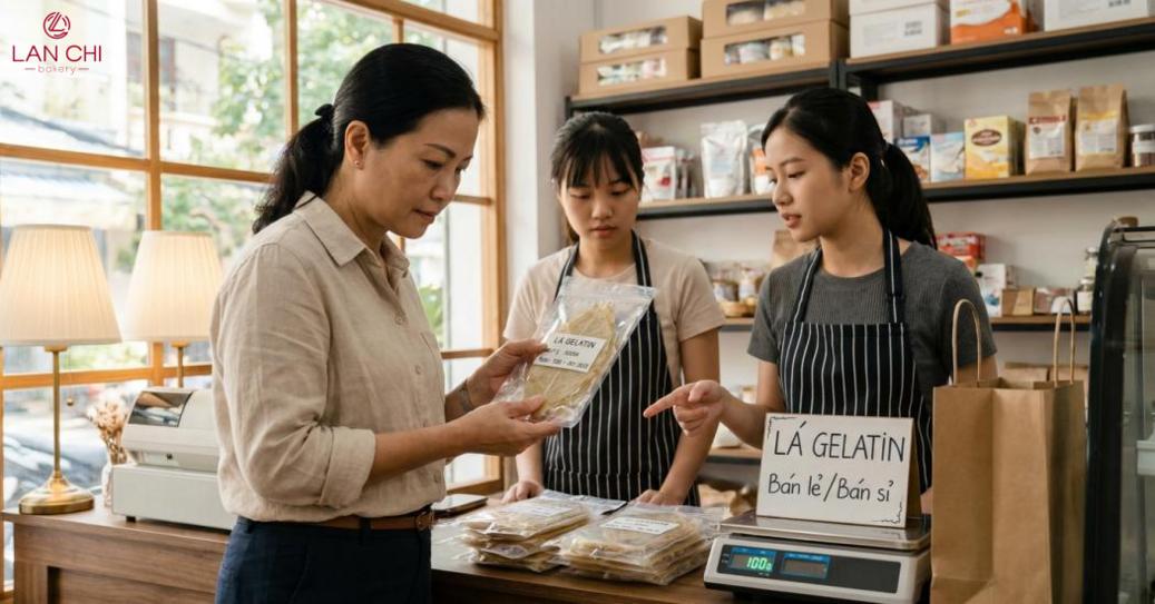 Nên hỏi kỹ quy cách, khối lượng, giá và phương án nhận hàng thay vì chỉ so sánh giá mỗi lá gelatin.
